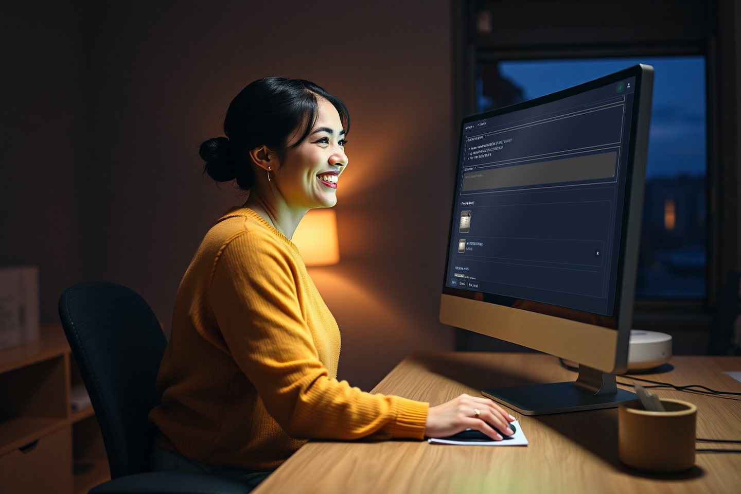 A smiling office worker at her desk reviewing a work order with photos attached on her monitor