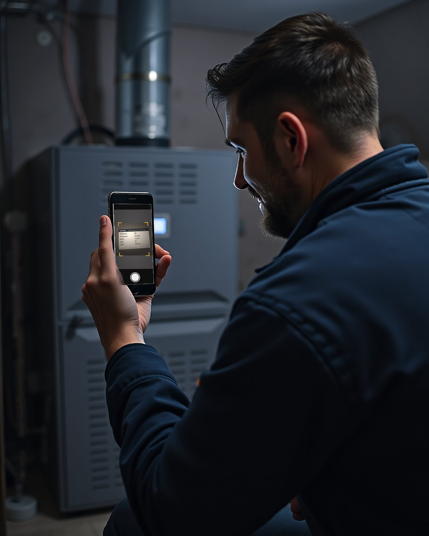 A technician in a dim basement holds up a phone to photograph the nameplate on a furnace