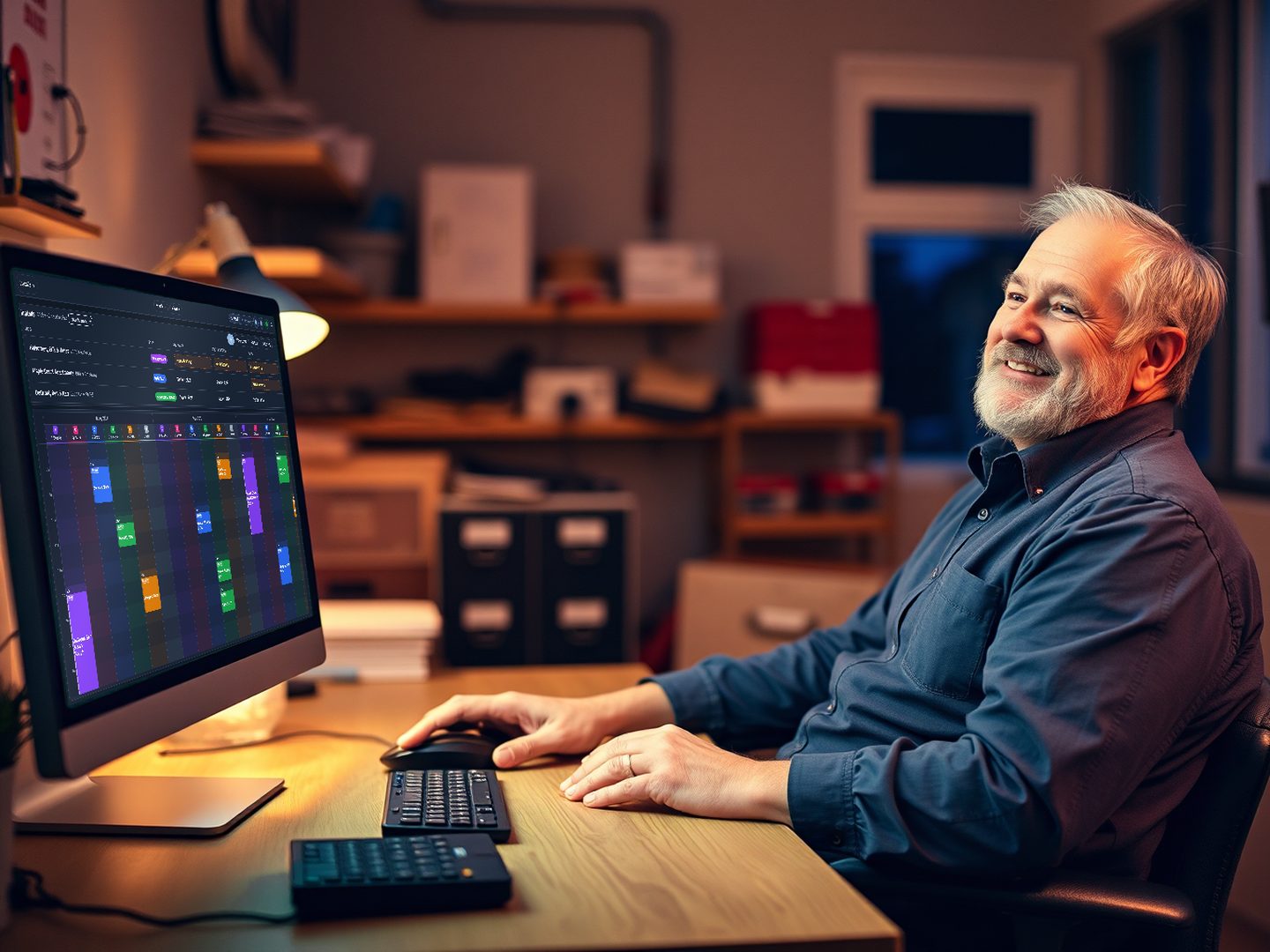 A smiling shop owner leaning back at his office desk, with the CrewLanes Installs board and week calendar on his monitor
