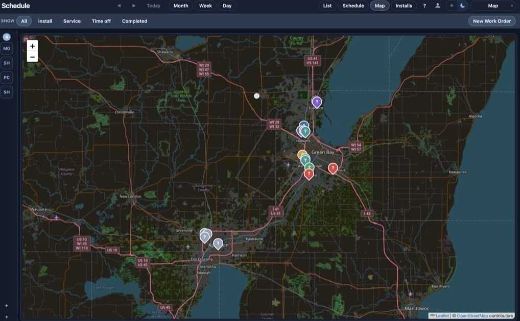 CrewLanes night map with color-coded job pins