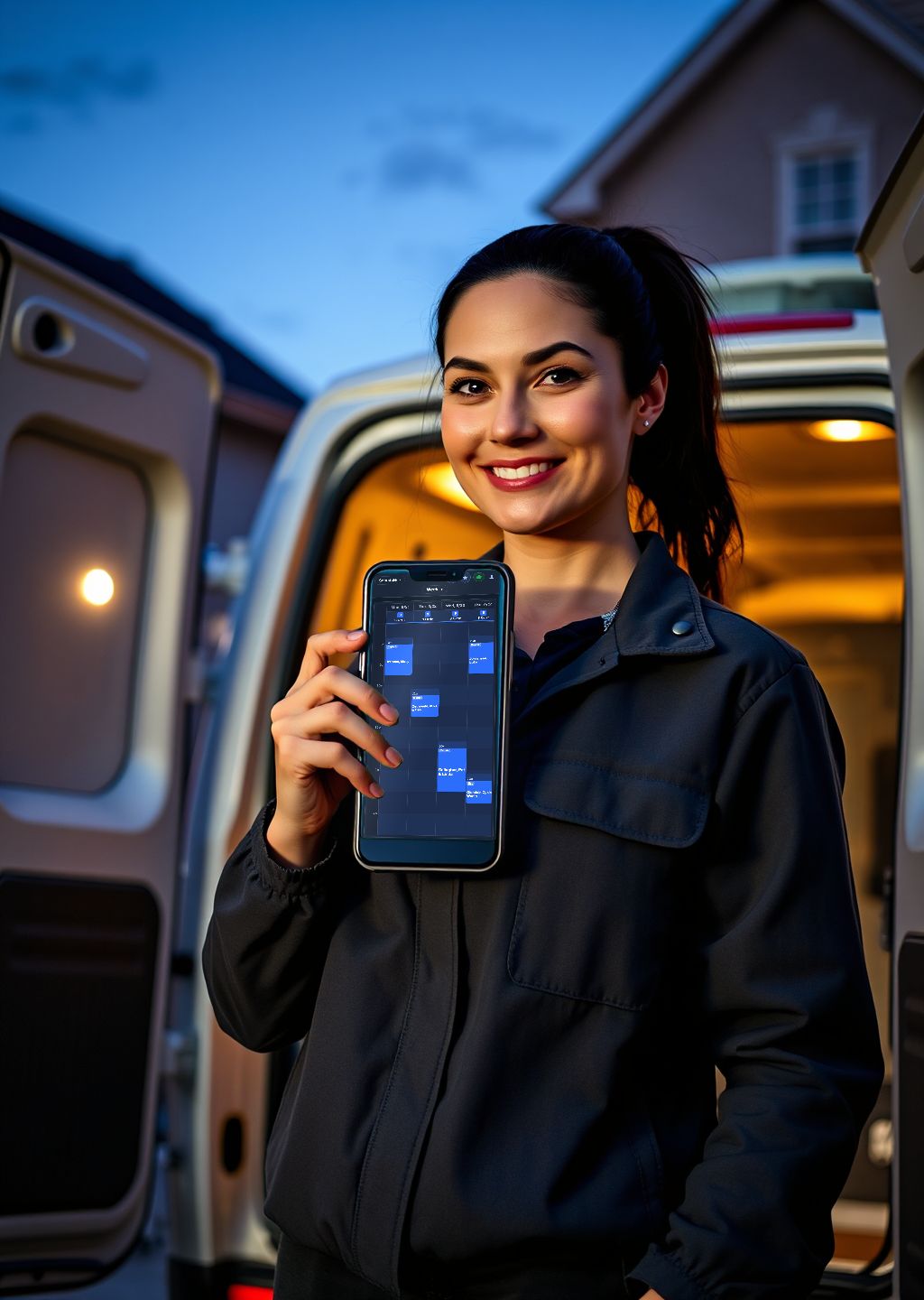 A field technician at dusk beside her service van, holding up a phone that shows her CrewLanes week schedule